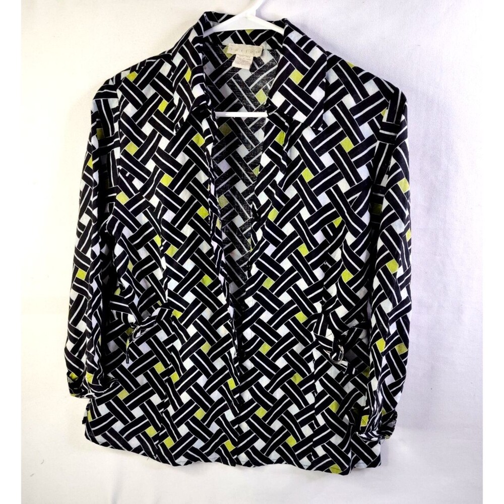 Tweeds 100 Linen Cotton  Black White Green Blouse Shirt M  3/4 Sleeves Buttons